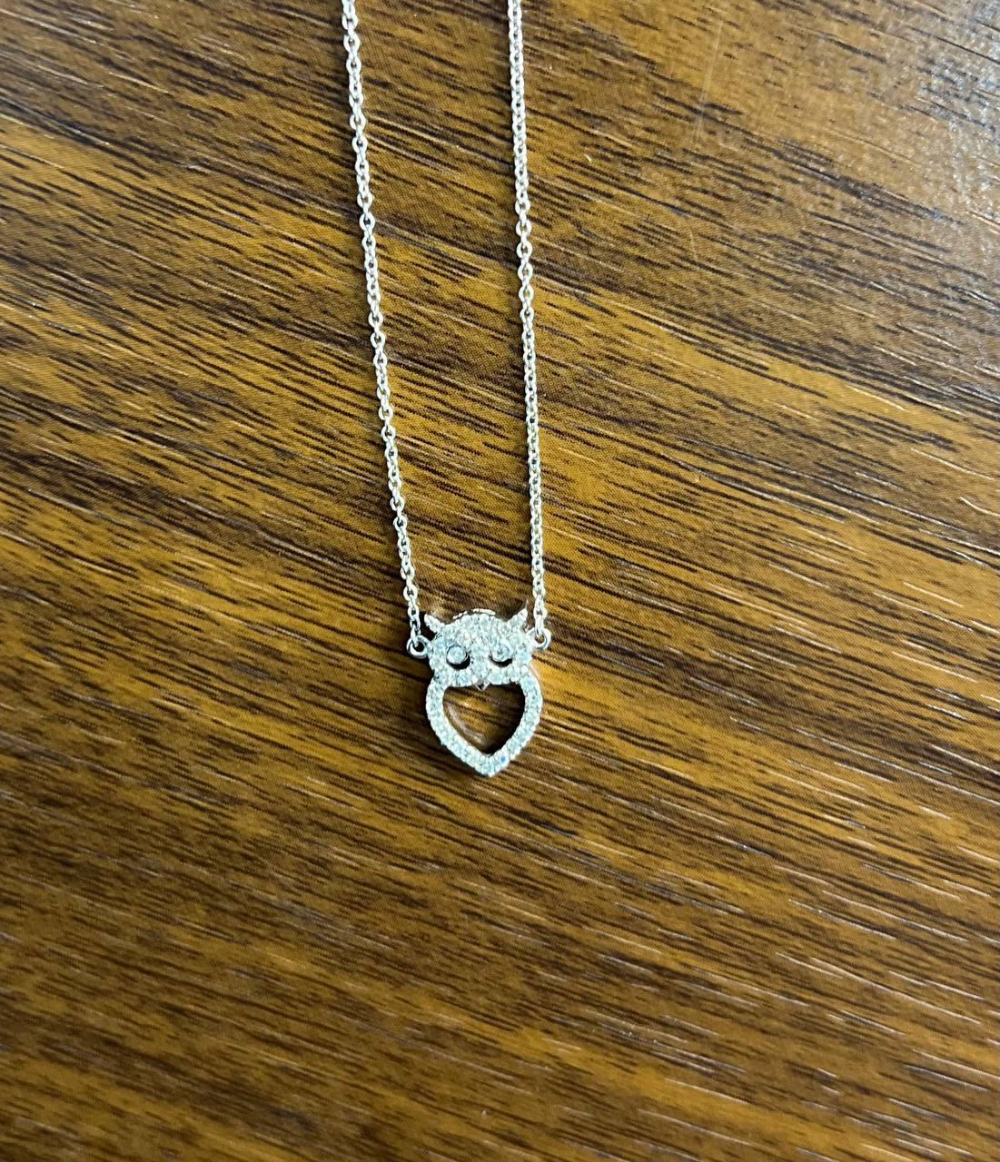 Owl Bird Heart Symbol Diamonds Halo Motif 18K White Gold Pendant Chain Necklace