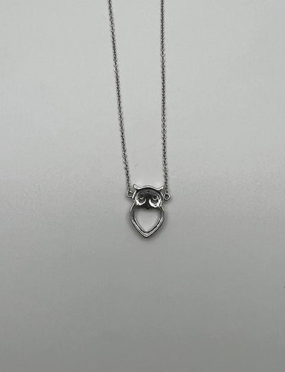 Owl Bird Heart Symbol Diamonds Halo Motif 18K White Gold Pendant Chain Necklace