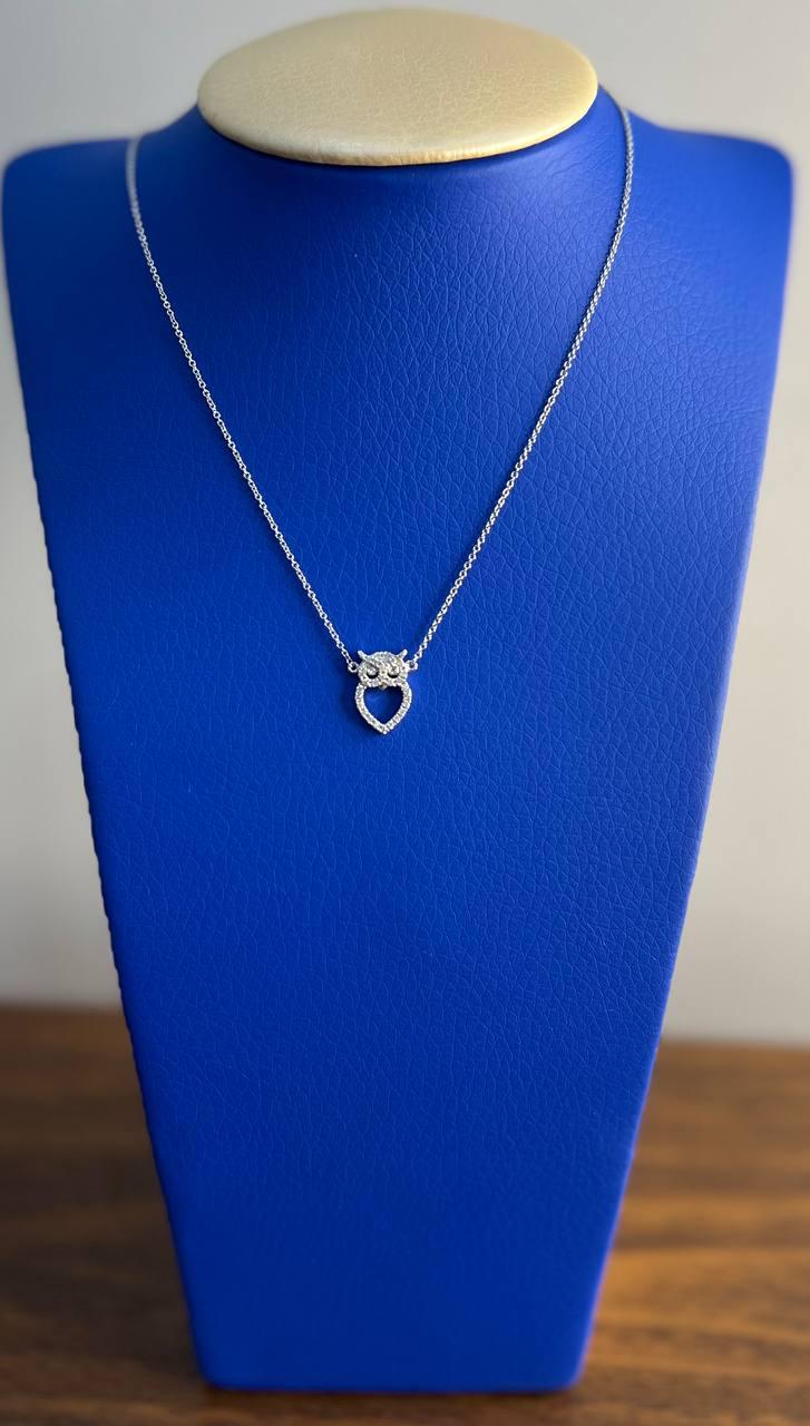 Owl Bird Heart Symbol Diamonds Halo Motif 18K White Gold Pendant Chain Necklace