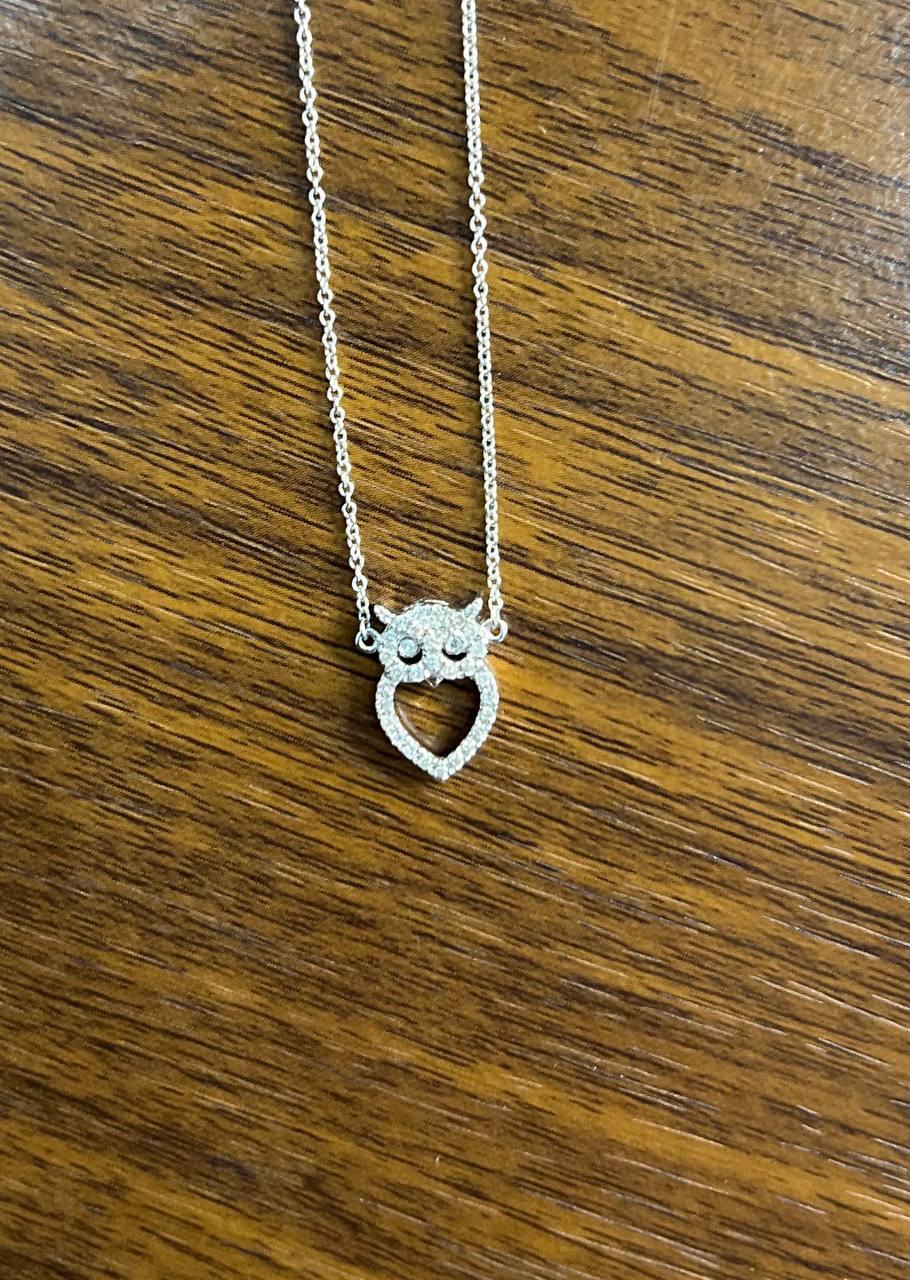 Owl Bird Heart Symbol Diamonds Halo Motif 18K White Gold Pendant Chain Necklace
