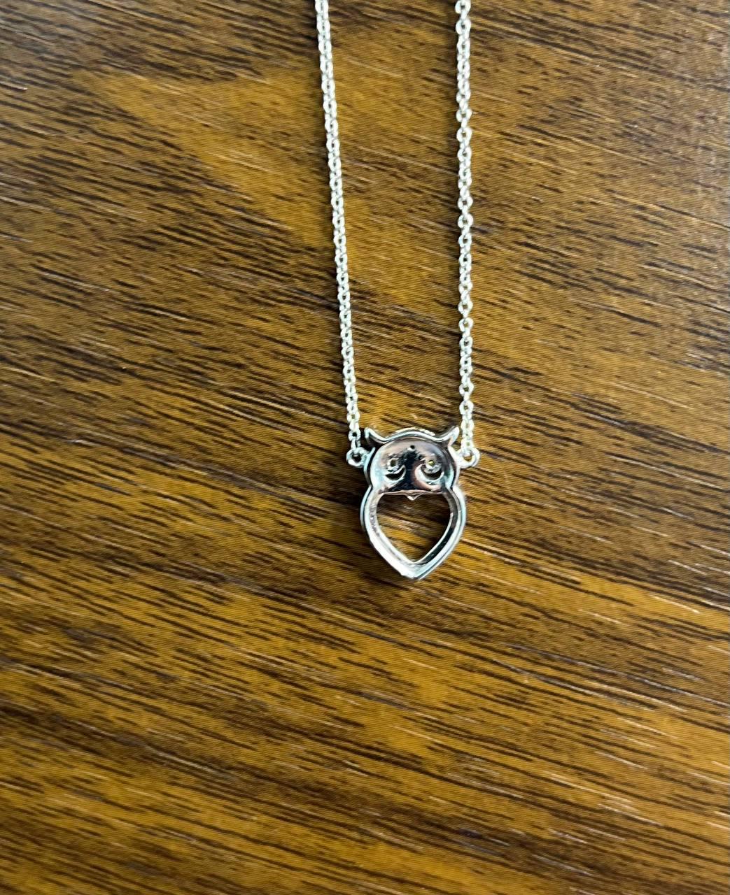 Owl Bird Heart Symbol Diamonds Halo Motif 18K White Gold Pendant Chain Necklace