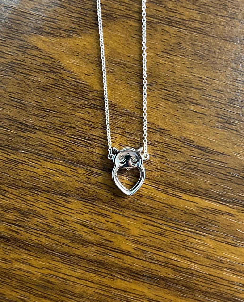 Owl Bird Heart Symbol Diamonds Halo Motif 18K White Gold Pendant Chain Necklace