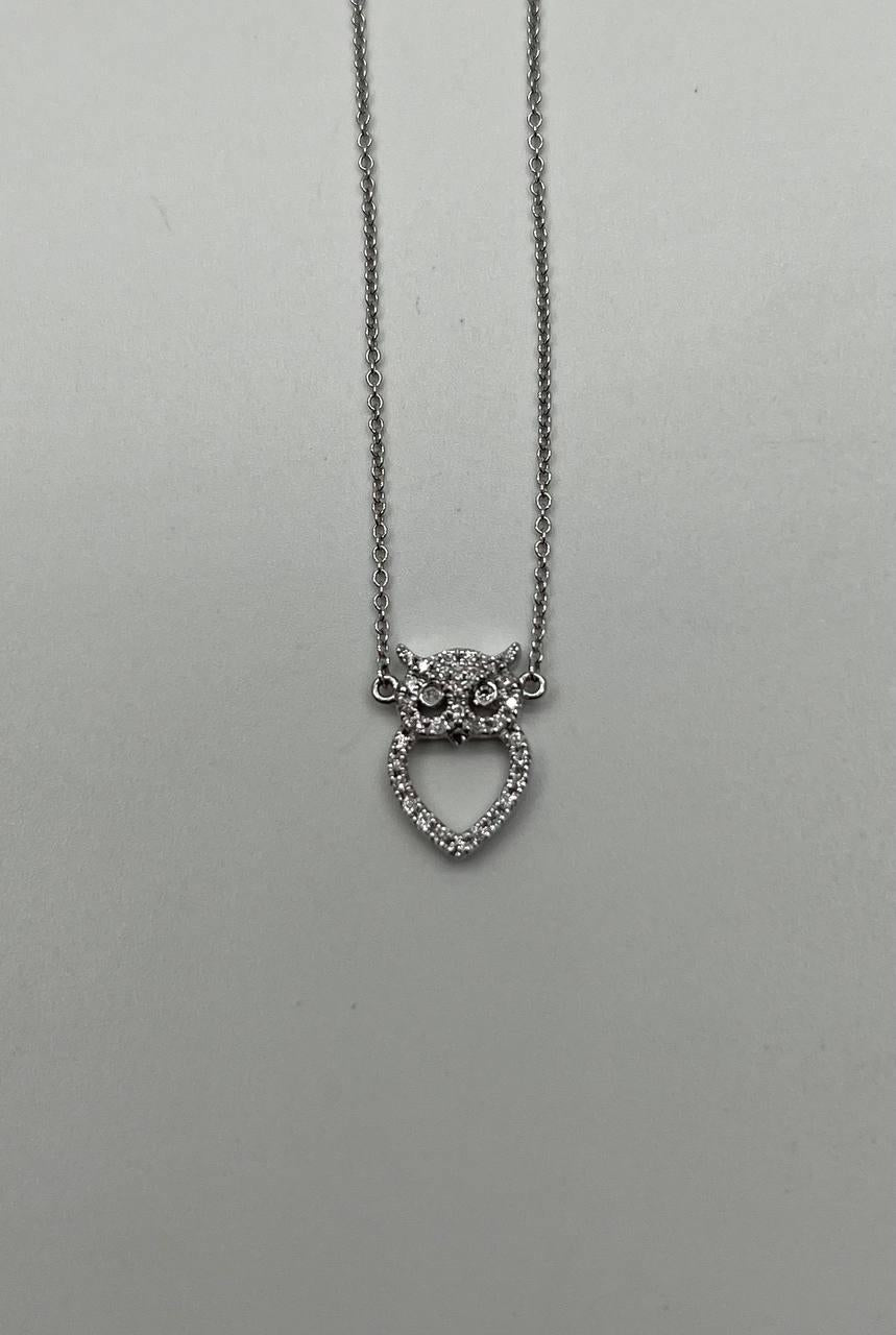 Owl Bird Heart Symbol Diamonds Halo Motif 18K White Gold Pendant Chain Necklace
