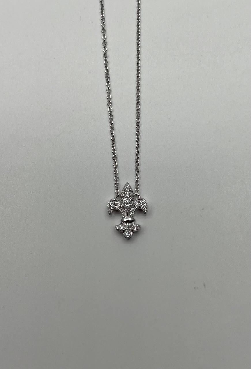 Fleur-de-lis Symbol Lily Floral Flower Diamond Motif White Gold Pendant Necklace