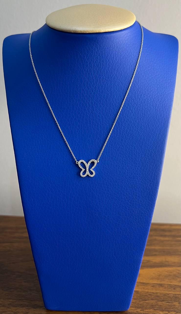 Butterfly Set Diamonds Halo Motif 18K Karat White Gold Pendant Chain Necklace