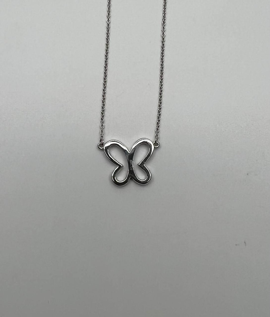 Butterfly Set Diamonds Halo Motif 18K Karat White Gold Pendant Chain Necklace