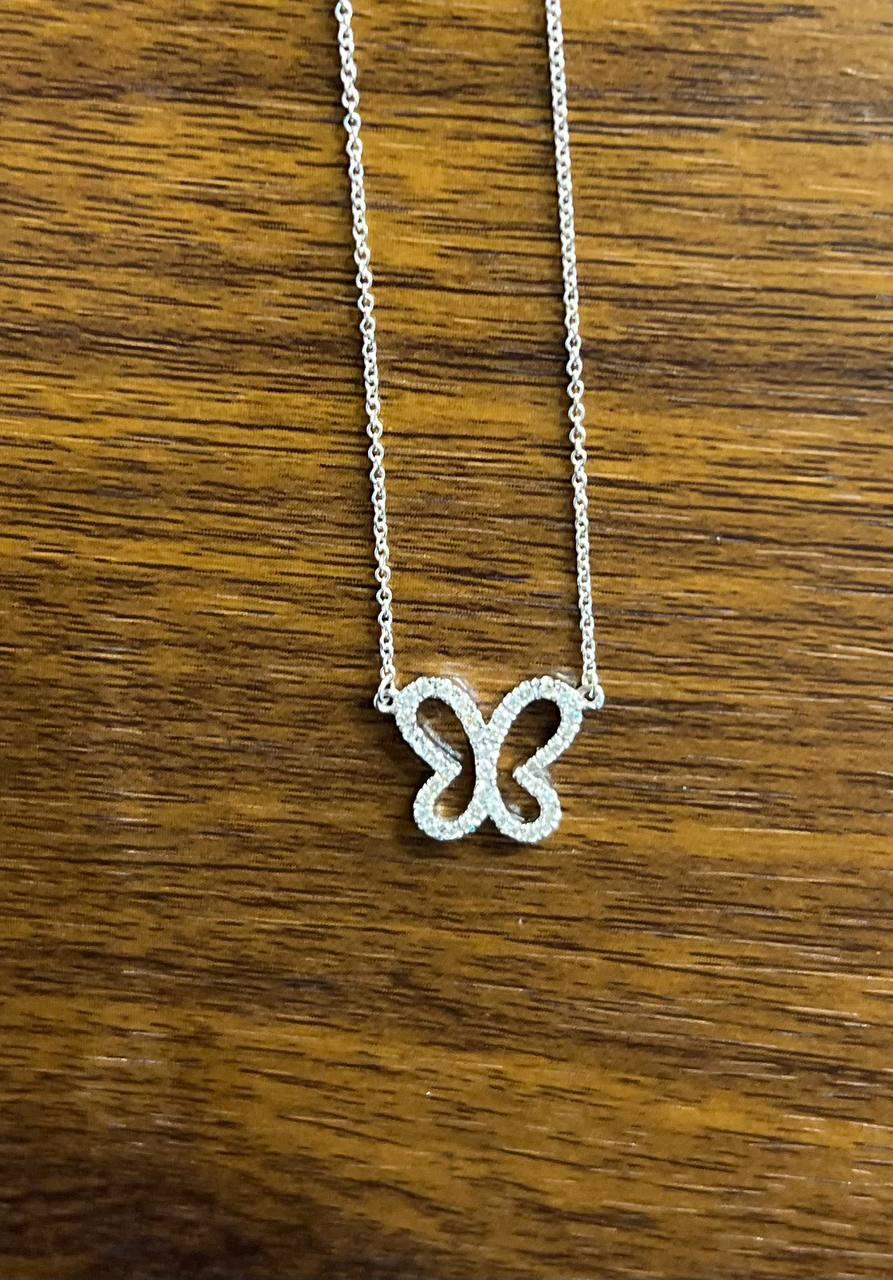Butterfly Set Diamonds Halo Motif 18K Karat White Gold Pendant Chain Necklace