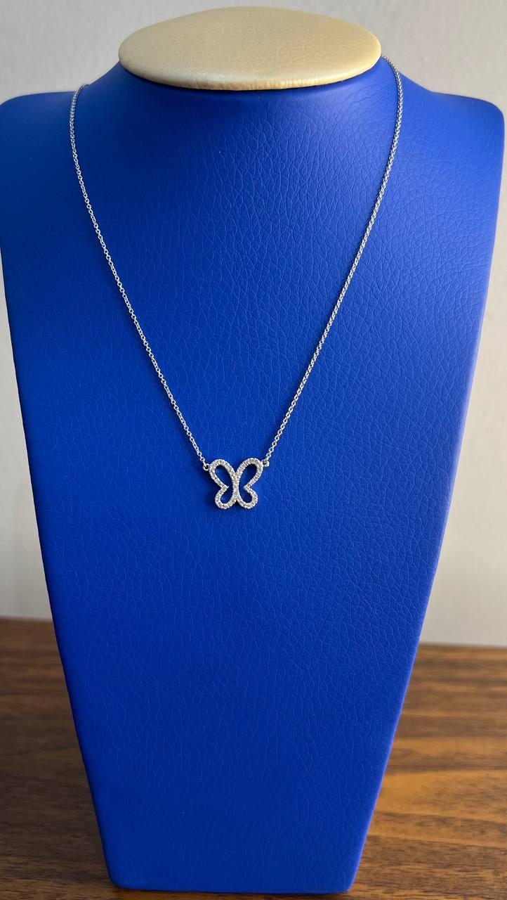 Butterfly Set Diamonds Halo Motif 18K Karat White Gold Pendant Chain Necklace