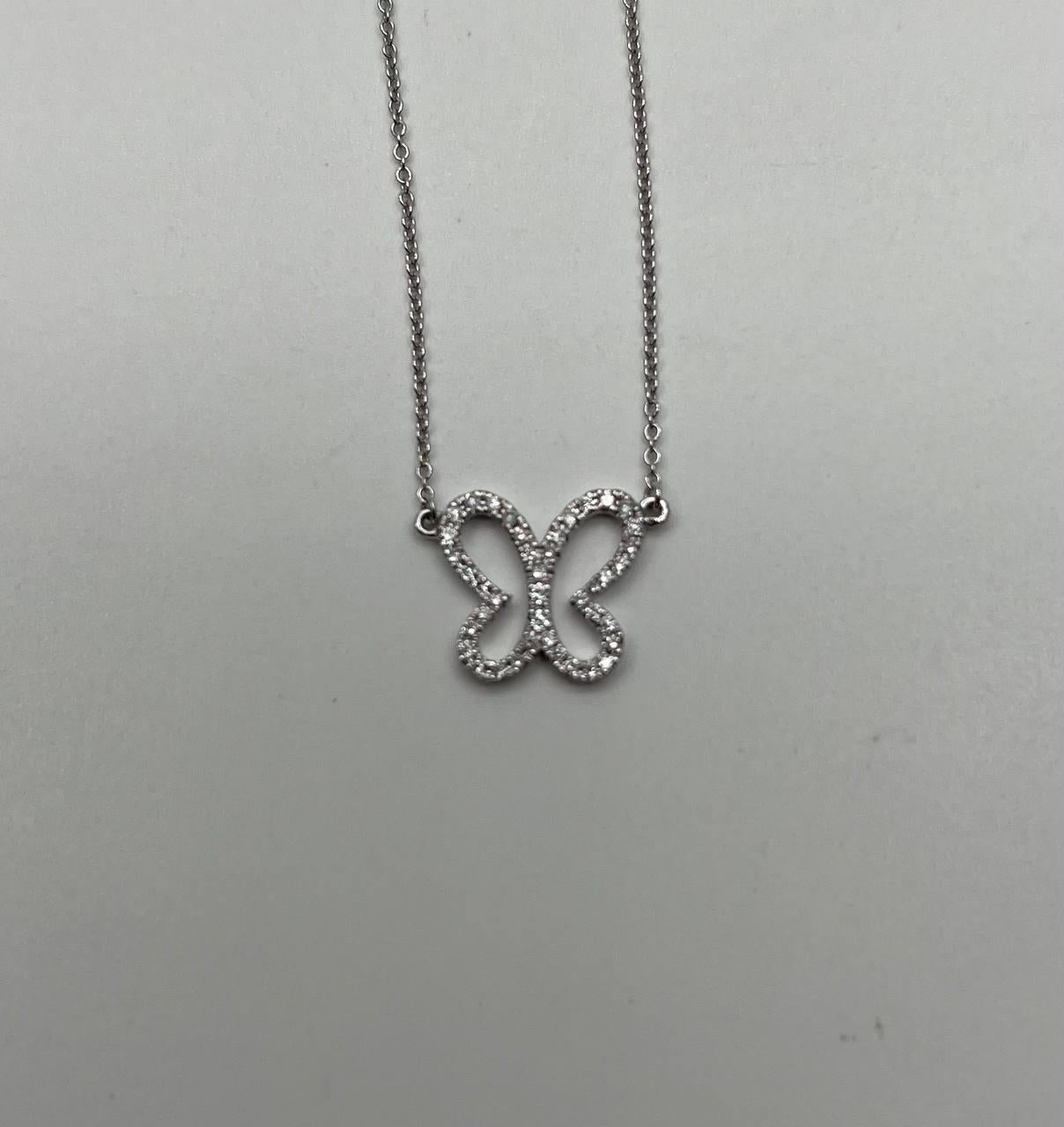 Butterfly Set Diamonds Halo Motif 18K Karat White Gold Pendant Chain Necklace