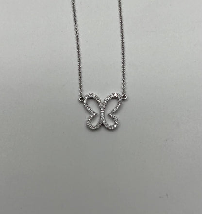 Butterfly Set Diamonds Halo Motif 18K Karat White Gold Pendant Chain Necklace