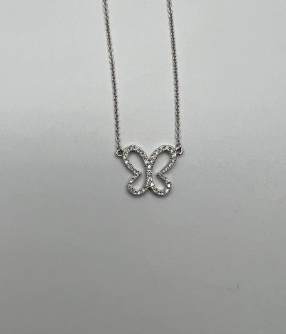 Butterfly Set Diamonds Halo Motif 18K Karat White Gold Pendant Chain Necklace
