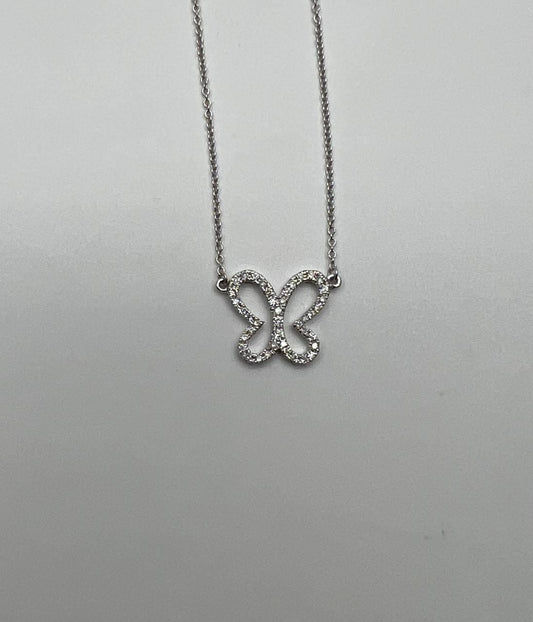 Butterfly Set Diamonds Halo Motif 18K Karat White Gold Pendant Chain Necklace