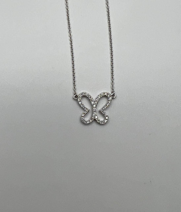 Butterfly Set Diamonds Halo Motif 18K Karat White Gold Pendant Chain Necklace