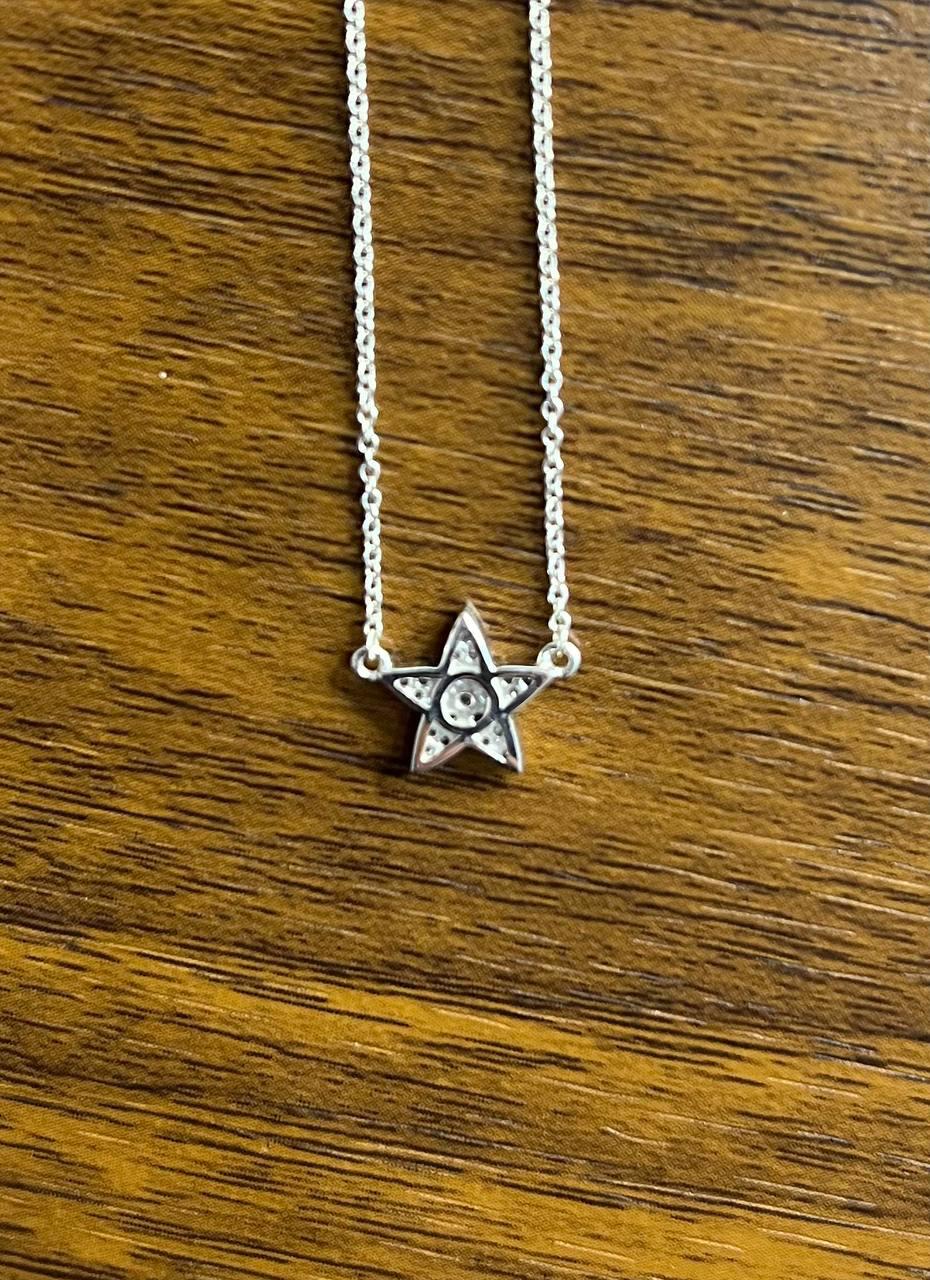 Star Pave Set Diamonds Halo Motif 14K Karat White Gold Pendant Chain Necklace