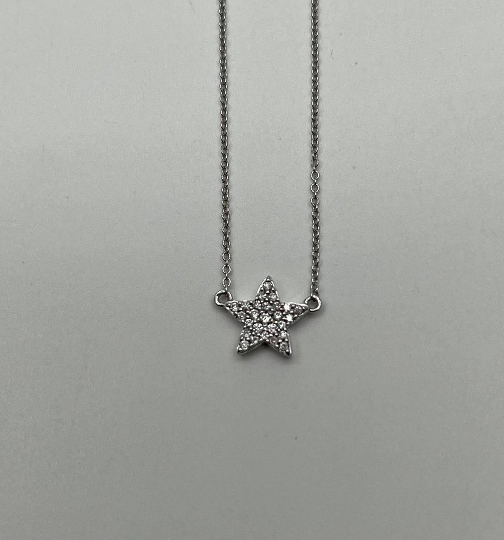 Star Pave Set Diamonds Halo Motif 14K Karat White Gold Pendant Chain Necklace