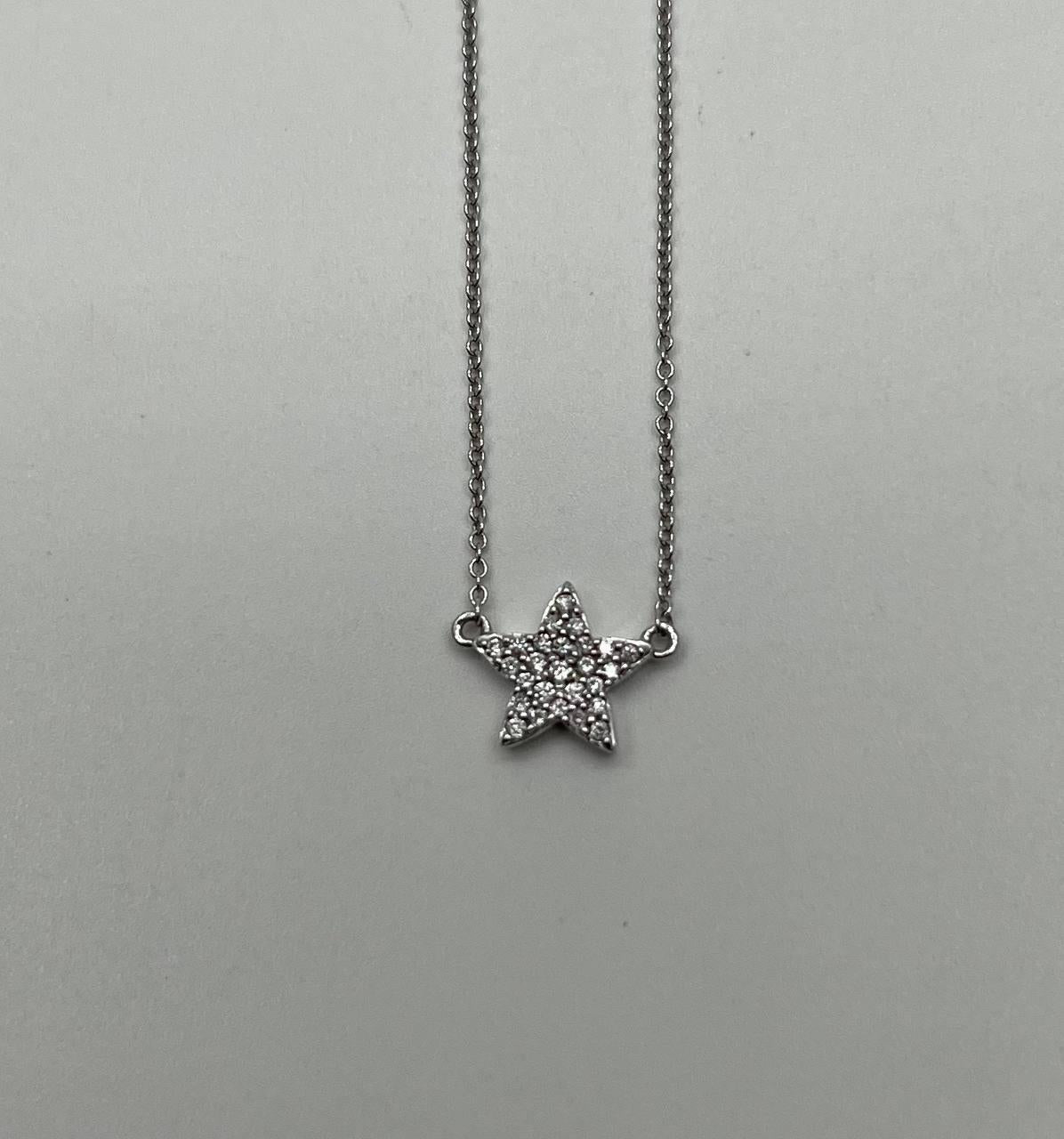 Star Pave Set Diamonds Halo Motif 14K Karat White Gold Pendant Chain Necklace