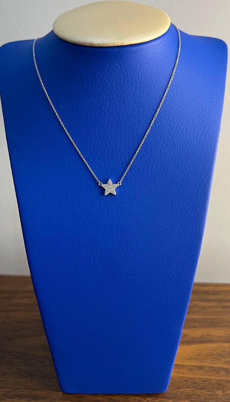 Star Pave Set Diamonds Halo Motif 14K Karat White Gold Pendant Chain Necklace