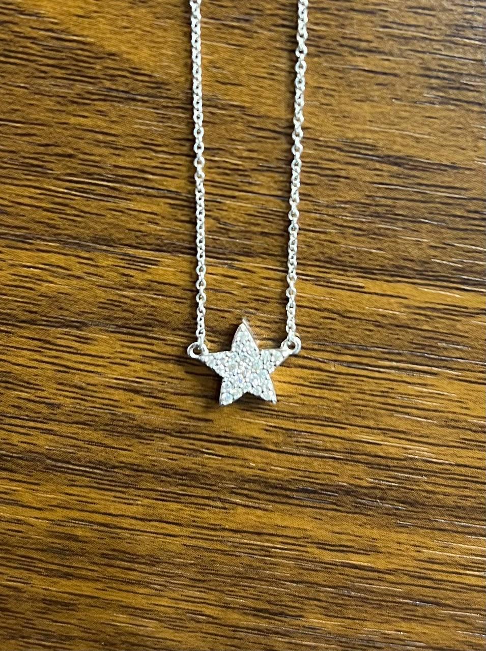Star Pave Set Diamonds Halo Motif 14K Karat White Gold Pendant Chain Necklace
