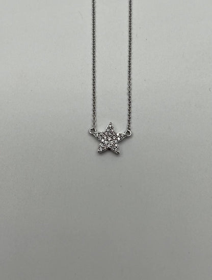 Star Pave Set Diamonds Halo Motif 14K Karat White Gold Pendant Chain Necklace