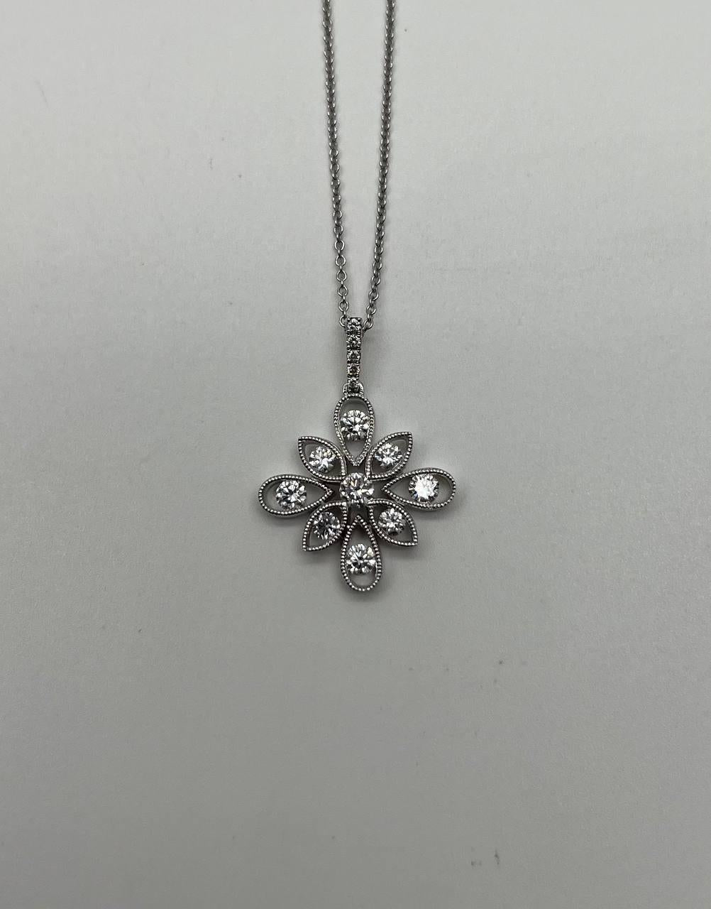 Diamond Snowflake Floral Flower Symbol Motif White Gold Pendant Chain Necklace