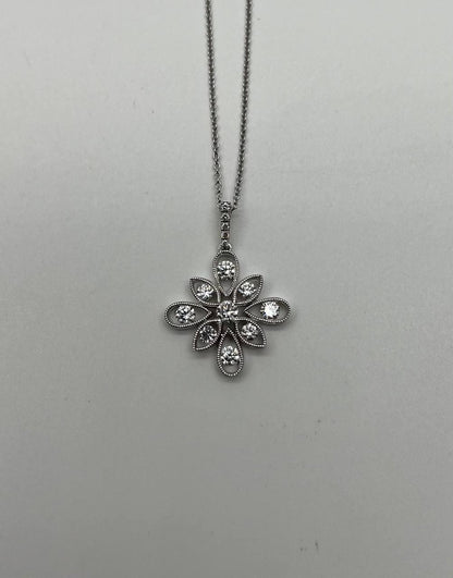 Diamond Snowflake Floral Flower Symbol Motif White Gold Pendant Chain Necklace