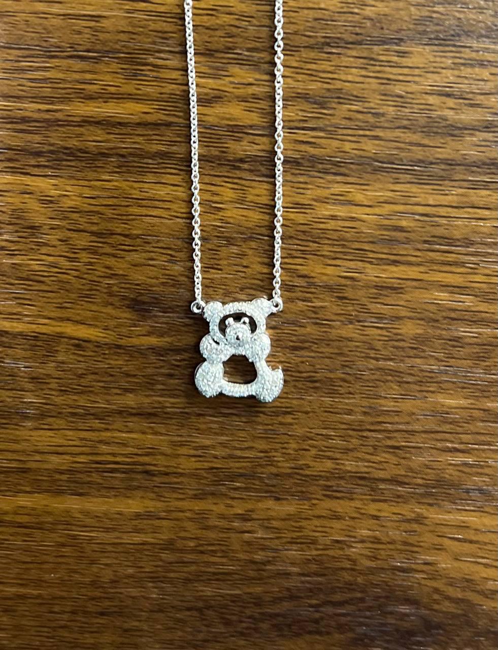 Teddy Bear Set Pave Diamonds Motif 18K Karat White Gold Pendant Chain Necklace