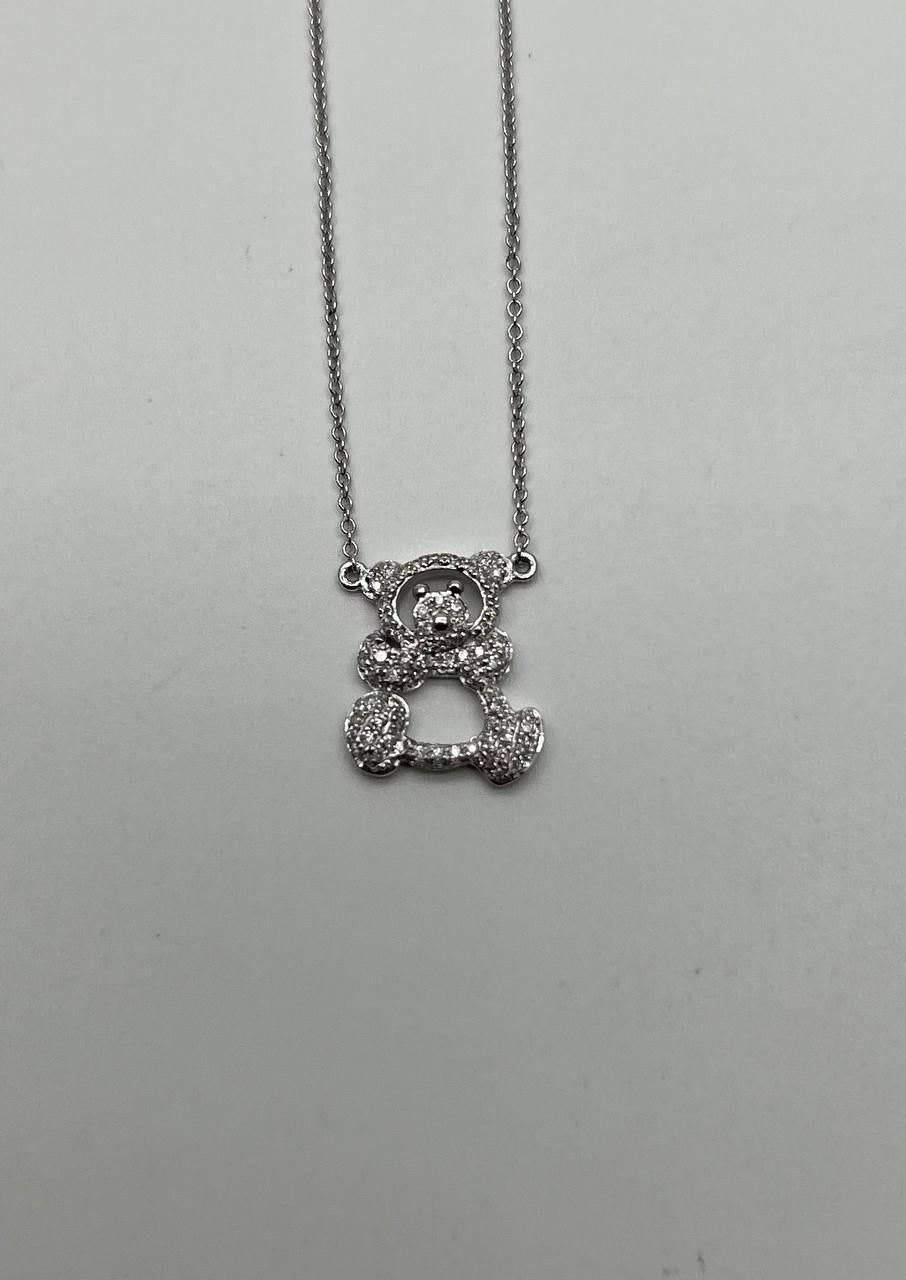 Teddy Bear Set Pave Diamonds Motif 18K Karat White Gold Pendant Chain Necklace