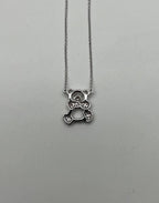Teddy Bear Set Pave Diamonds Motif 18K Karat White Gold Pendant Chain Necklace