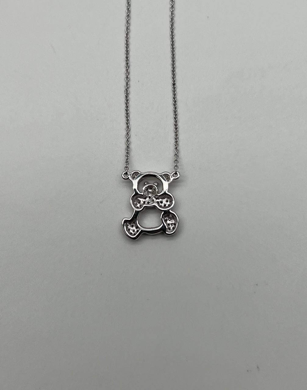 Teddy Bear Set Pave Diamonds Motif 18K Karat White Gold Pendant Chain Necklace