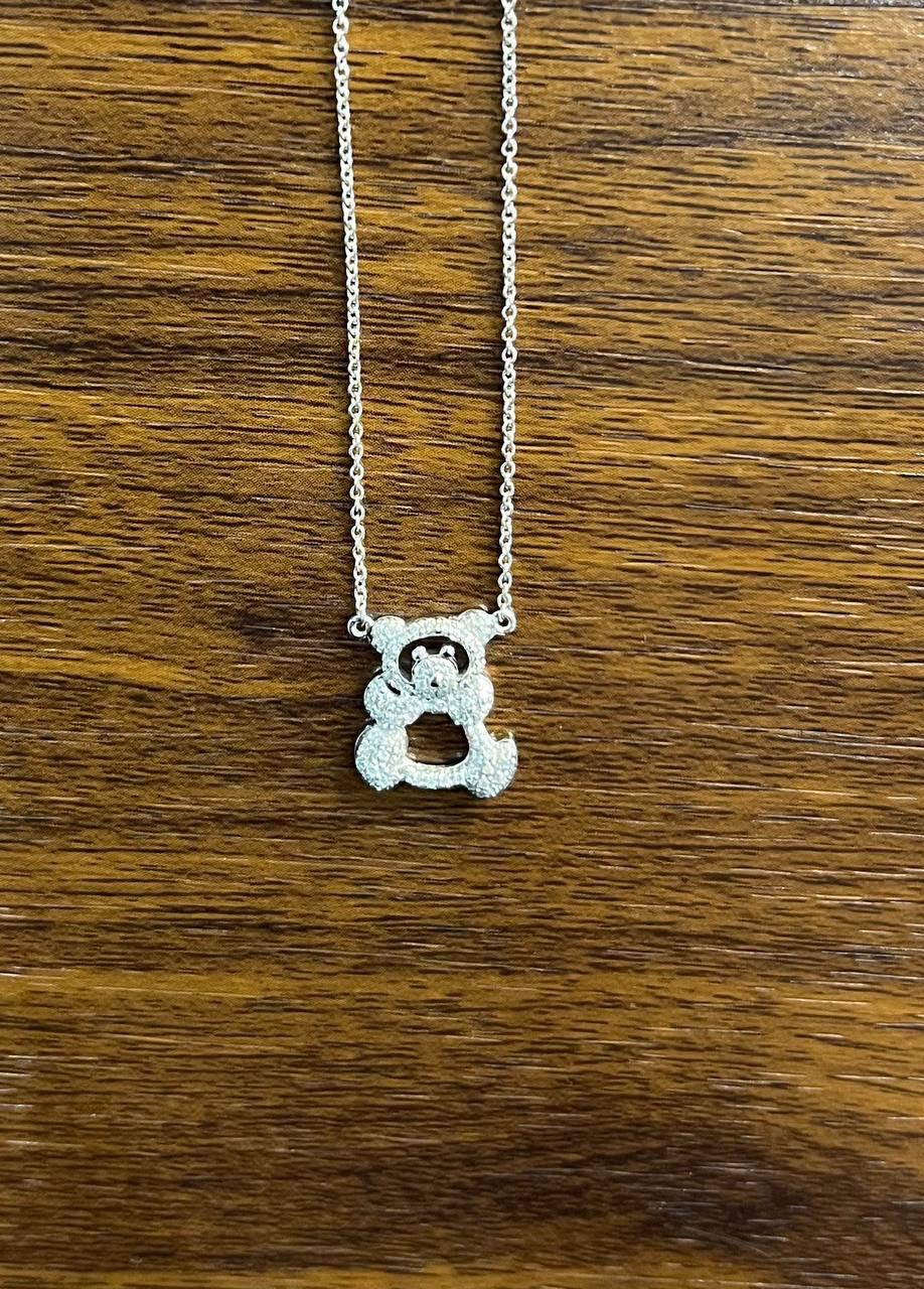 Teddy Bear Set Pave Diamonds Motif 18K Karat White Gold Pendant Chain Necklace