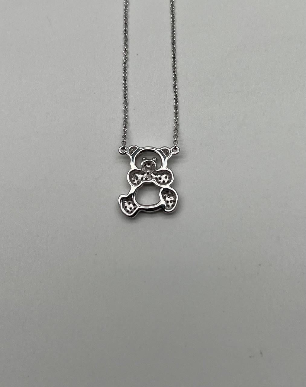 Teddy Bear Set Pave Diamonds Motif 18K Karat White Gold Pendant Chain Necklace