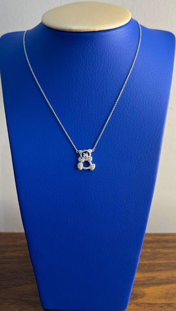 Teddy Bear Set Pave Diamonds Motif 18K Karat White Gold Pendant Chain Necklace