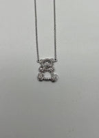 Teddy Bear Set Pave Diamonds Motif 18K Karat White Gold Pendant Chain Necklace