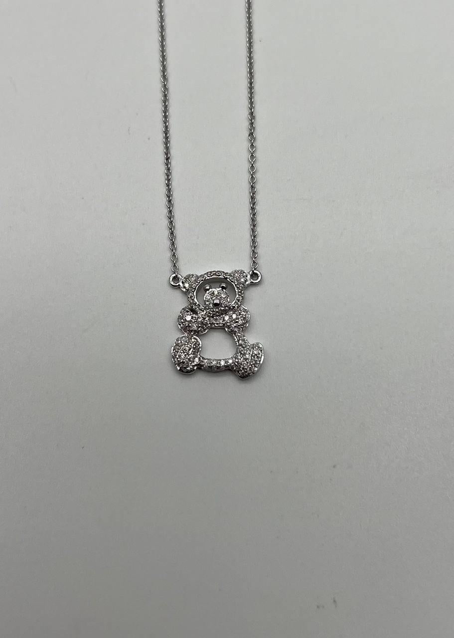 Teddy Bear Set Pave Diamonds Motif 18K Karat White Gold Pendant Chain Necklace
