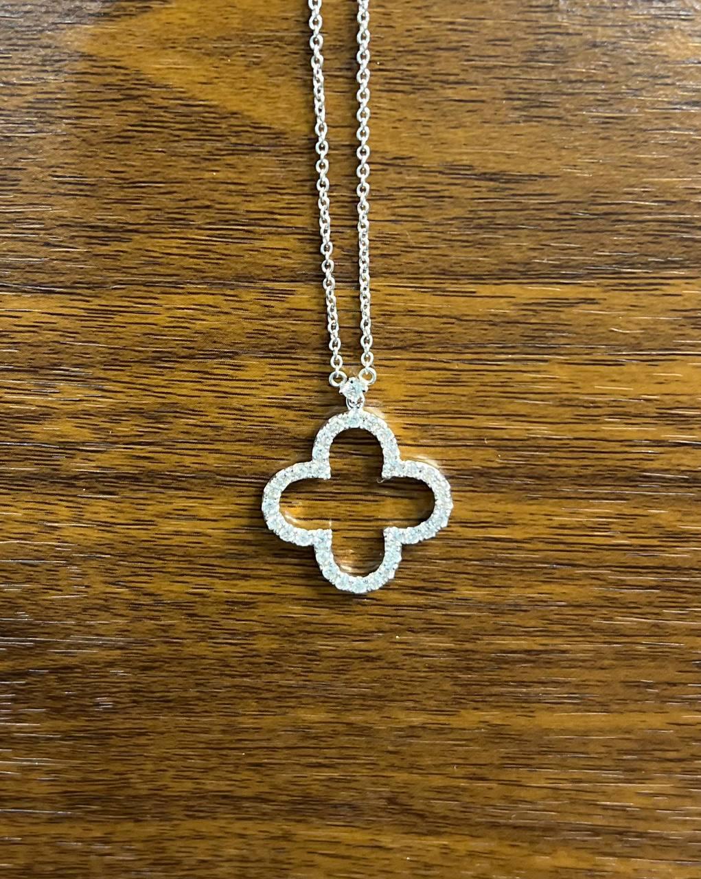 Quatrefoil Lucky Alhambra Clover Diamonds Halo Motif White Gold Pendant Necklace