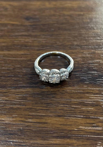 Diamonds Pave Set Round Cluster Halo Set White Gold Statement Three Stone Ring