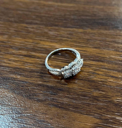 Diamonds Pave Set Round Cluster Halo Set White Gold Statement Three Stone Ring