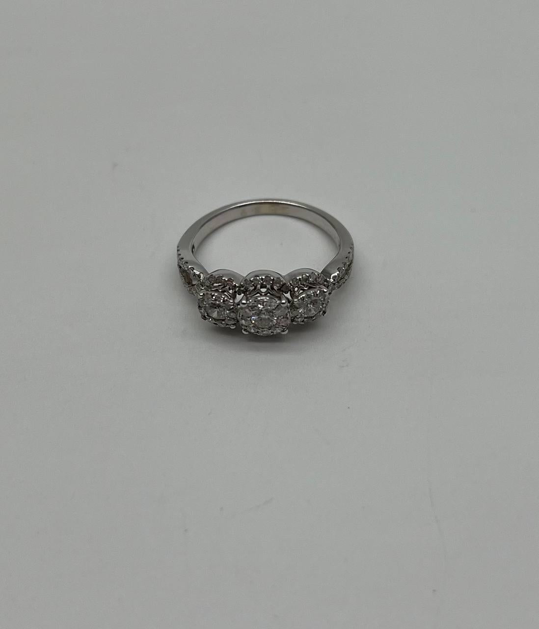 Diamonds Pave Set Round Cluster Halo 14K White Gold Statement Three Stone Ring