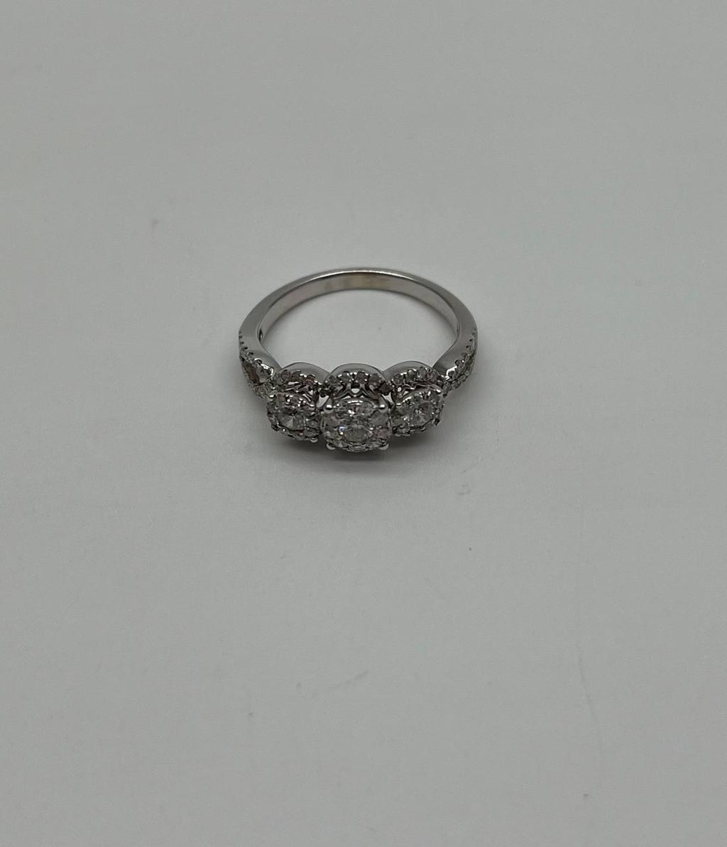 Diamonds Pave Set Round Cluster Halo 14K White Gold Statement Three Stone Ring
