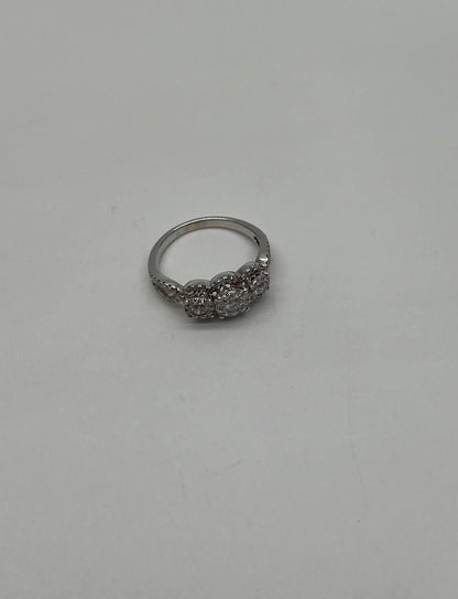 Diamonds Pave Set Round Cluster Halo Set White Gold Statement Three Stone Ring