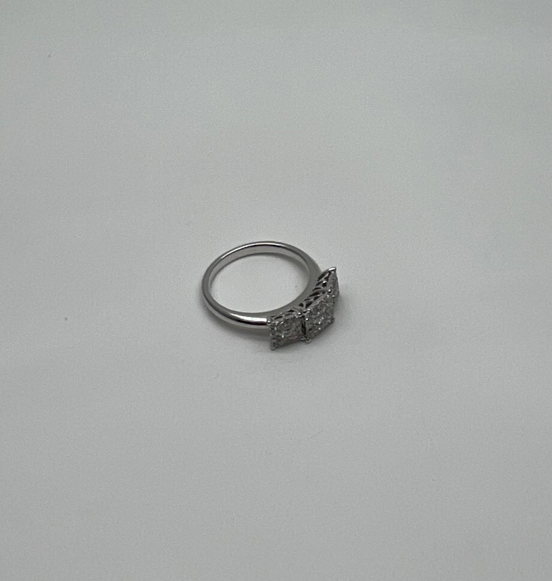 Diamonds Pave Set Cluster Square Halo Three Stone 14K White Gold Statement Ring