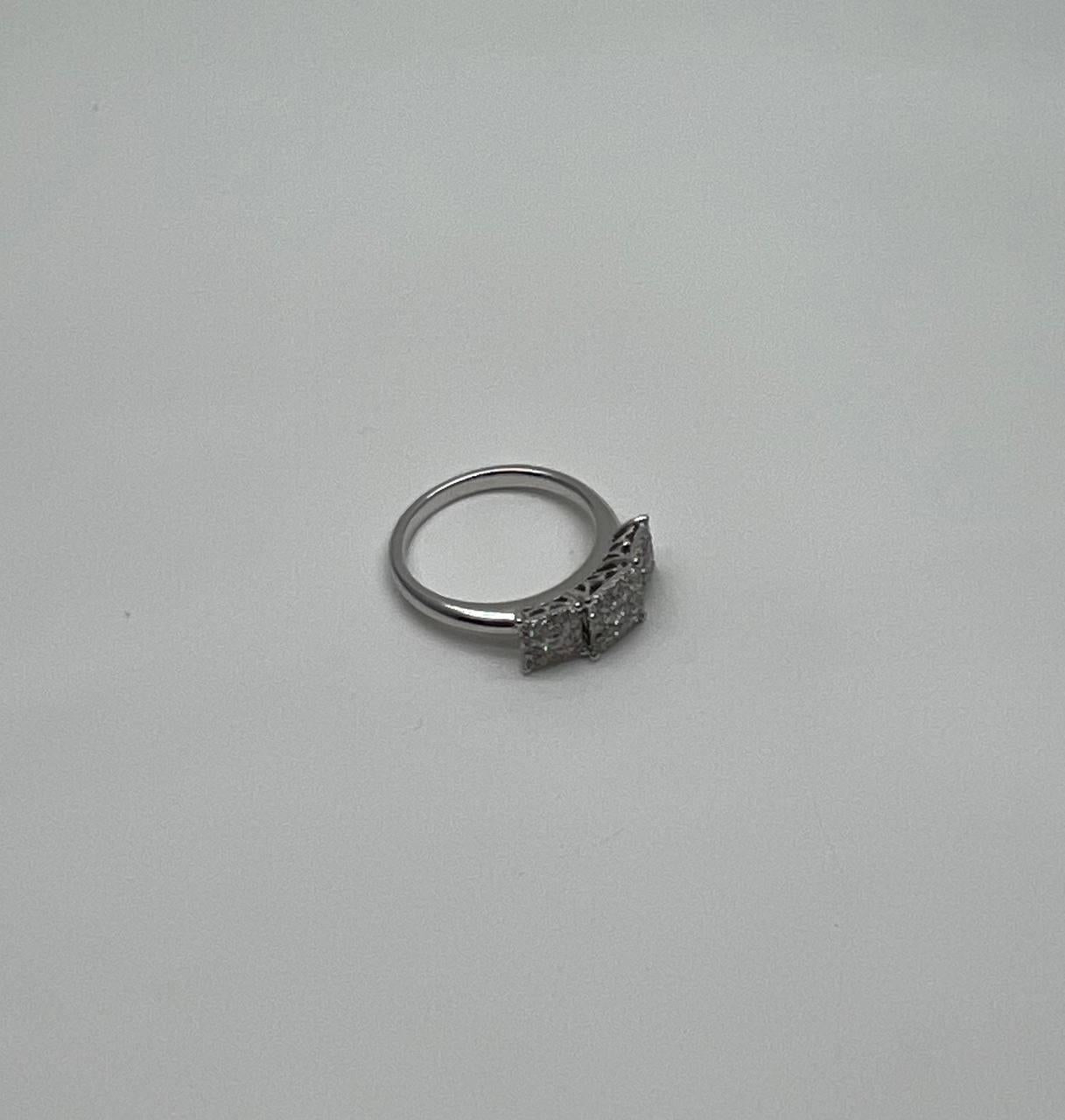 Diamonds Pave Set Cluster Square Halo Three Stone 14K White Gold Statement Ring