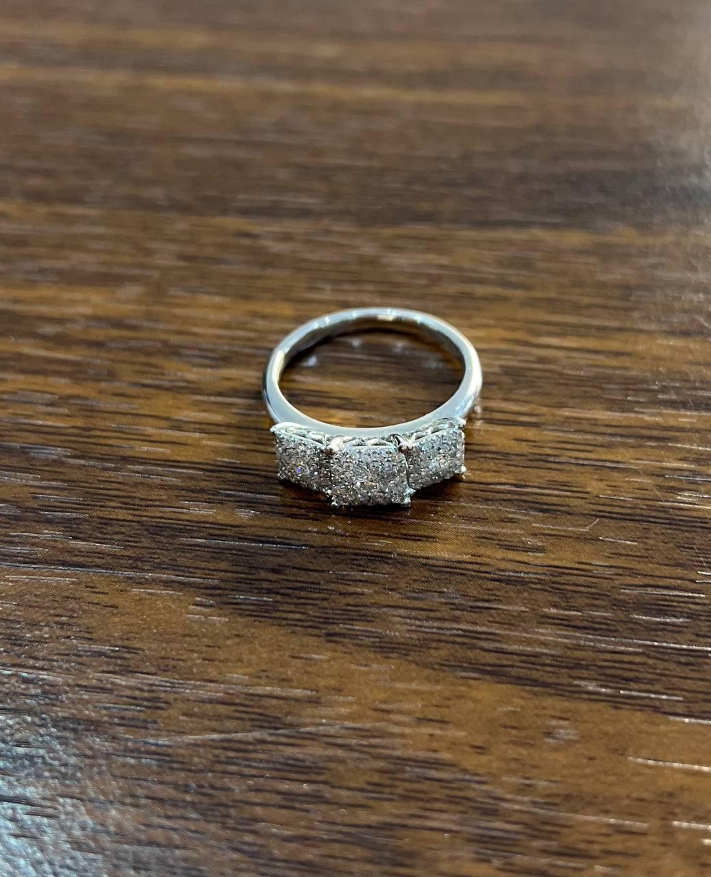 Diamonds Pave Set Cluster Square Halo Three Stone 14K White Gold Statement Ring