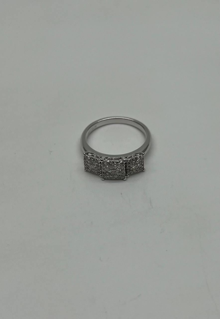 Diamonds Pave Set Cluster Square Halo Three Stone 14K White Gold Statement Ring