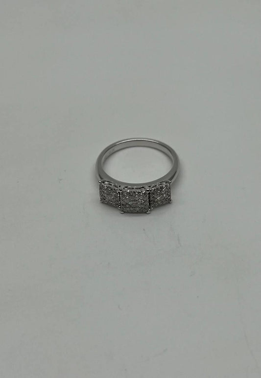 Diamonds Pave Set Cluster Square Halo Three Stone 14K White Gold Statement Ring