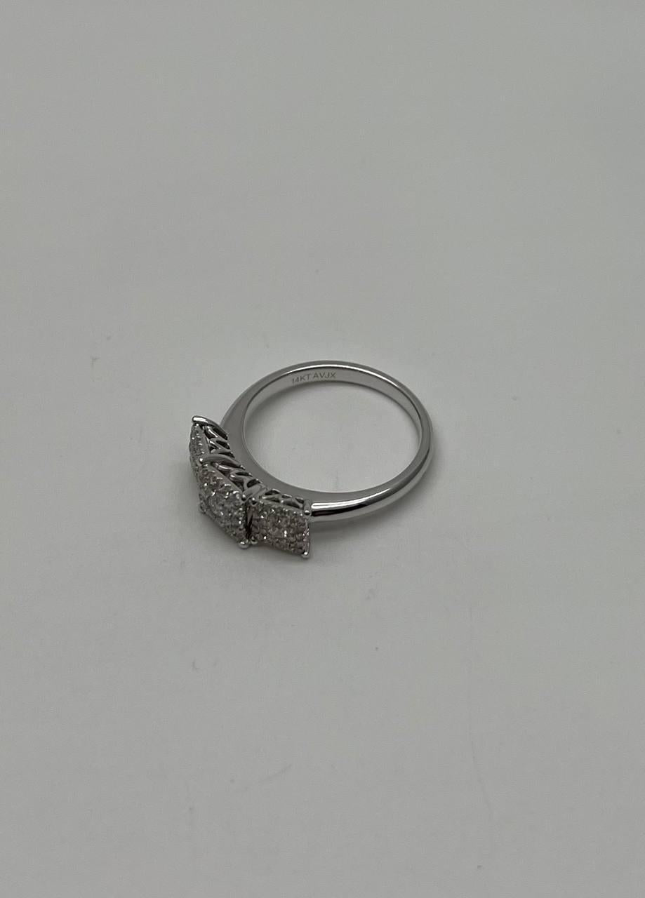 Diamonds Pave Set Cluster Square Halo Three Stone 14K White Gold Statement Ring
