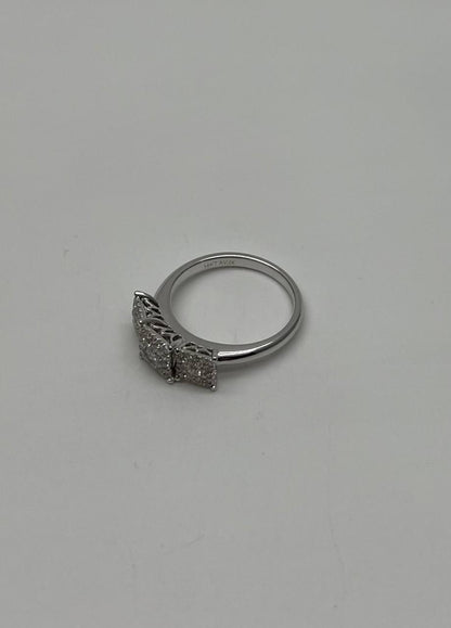 Diamonds Pave Set Cluster Square Halo Three Stone 14K White Gold Statement Ring