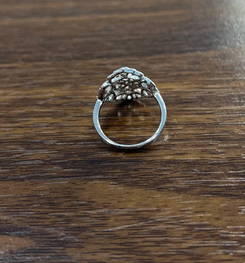 Diamonds Scroll Symbol Motifs Emblem Halo Set 18K White Gold Statement Ring