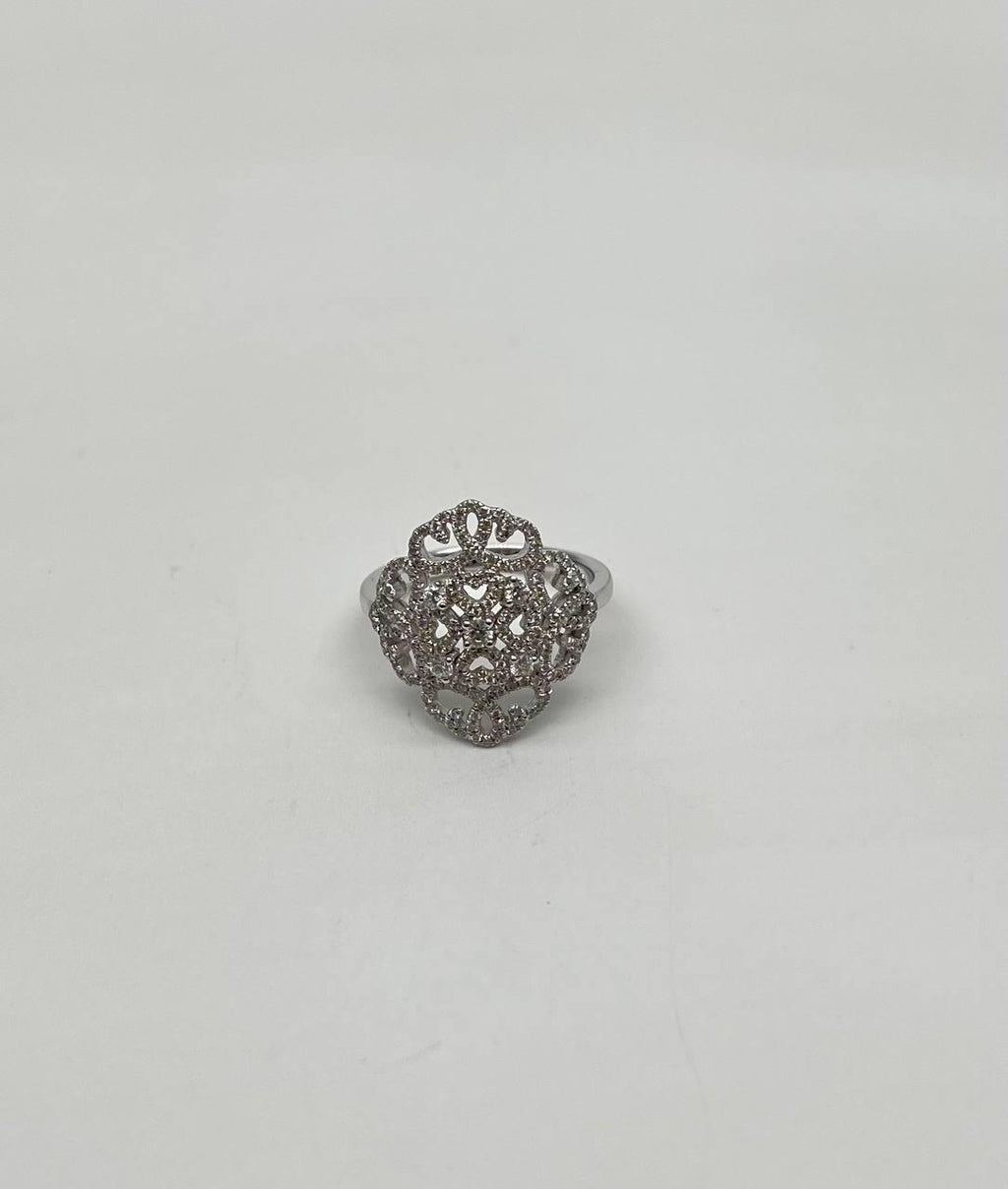 Diamonds Scroll Symbol Motifs Emblem Halo Set 18K White Gold Statement Ring