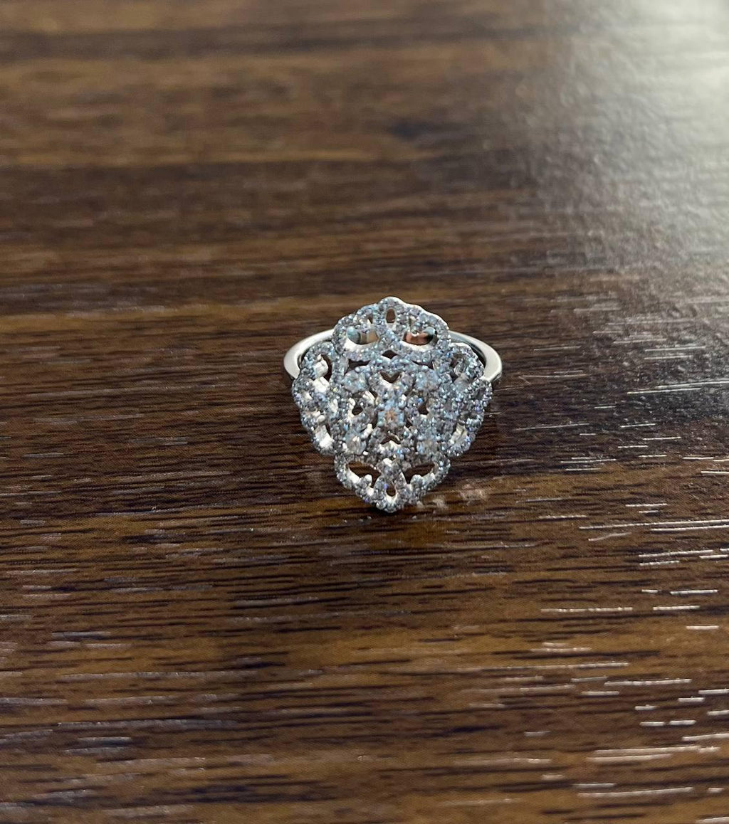 Diamonds Scroll Symbol Motifs Emblem Halo Set 18K White Gold Statement Ring